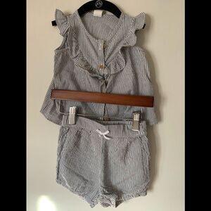 H&M dark blue/white striped cotton 2-pc set, ruched top/elastic bottom, 12 mon